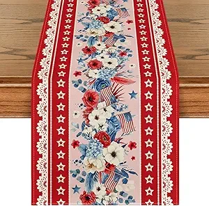 Artoid Mode Red Poppy American Flag Stars 210 GSM 4th of July Table Runner, Memorial Day Kitchen Dining Table Decoration for Home Party Decor 13x36 Inch